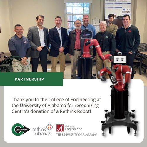 University of Alabama thanks Centro for collaborative robot donation.