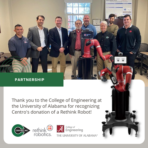 10-21-22-Centro-Alabama.png University of Alabama thanks Centro for collaborative robot donation.